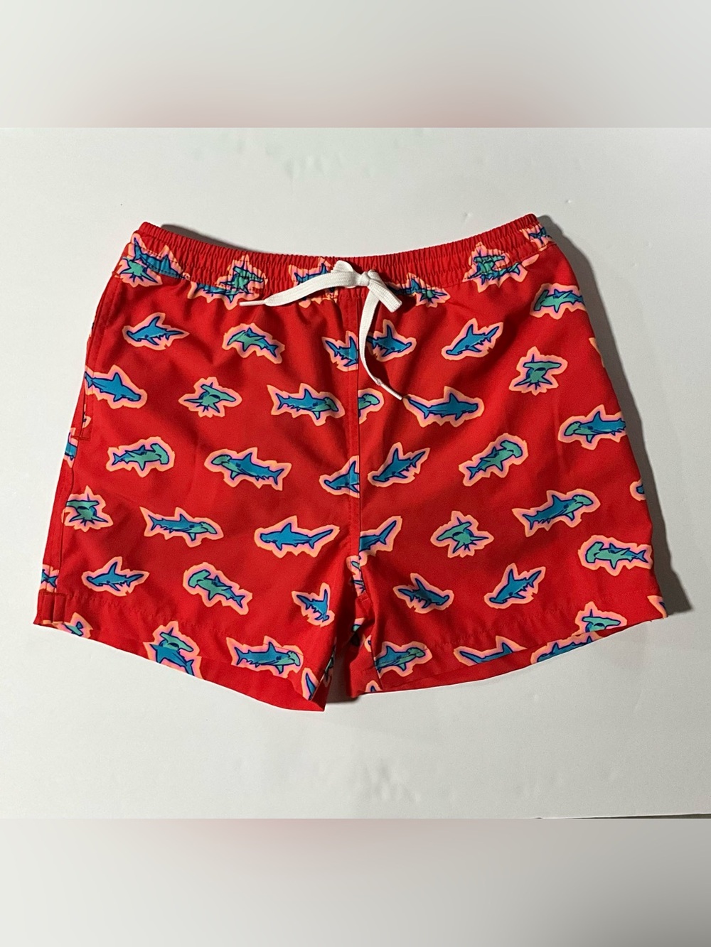chubbies Red Swim Trunks with Blue Shark Motif Bots Size L 14/16